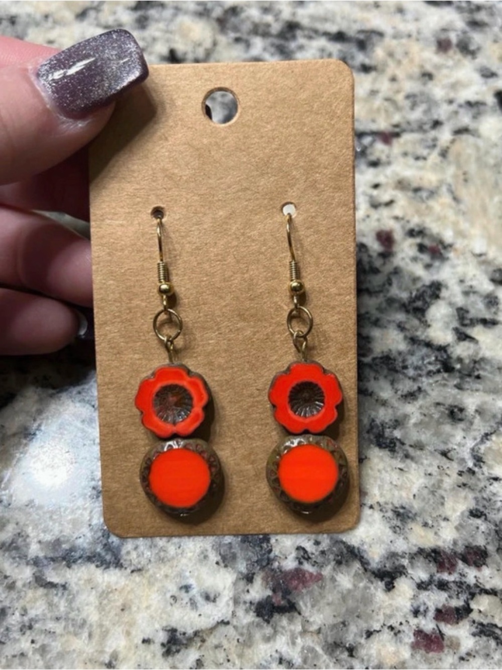 Gold-Tone Orange Floral Drop Earrings with Enamel Accents